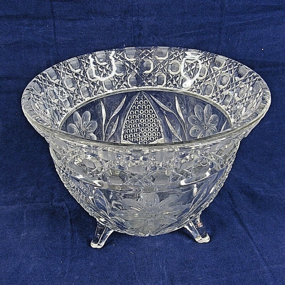 Vintage US Glass EAPG Footed Bowl Floral Etched Innovation Antique 7.5" x 6.5"
